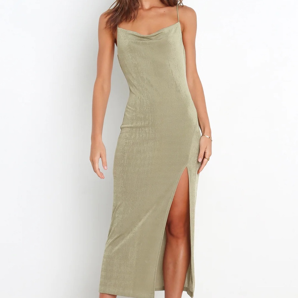 Petal & Pup Green Slip Dress with Slit and Cowl Neck